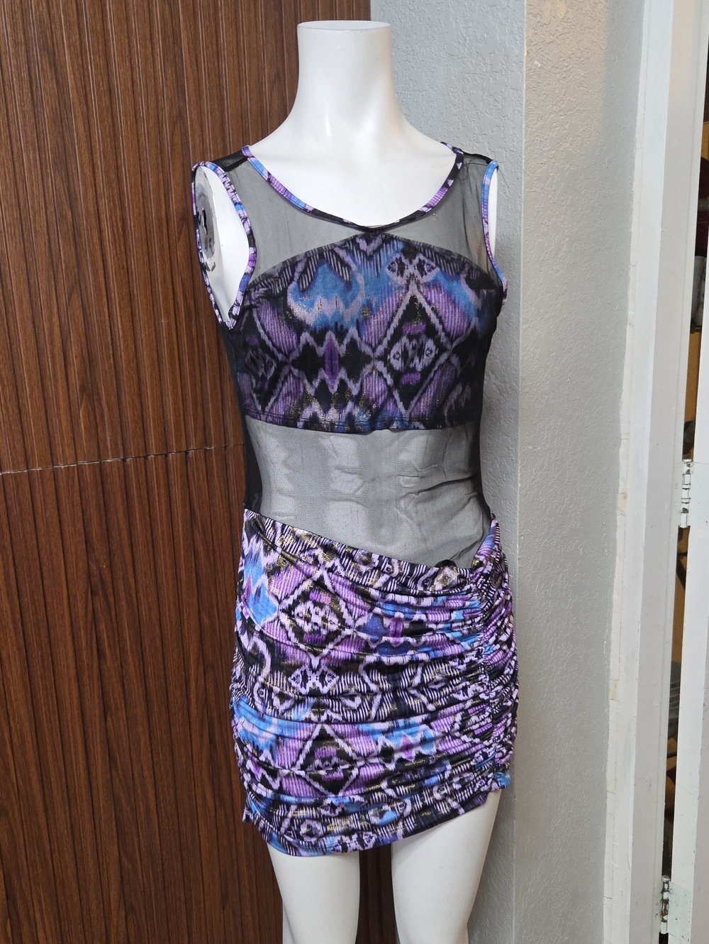 Sheer Panel Purple Patterned Mini Dress [1941]